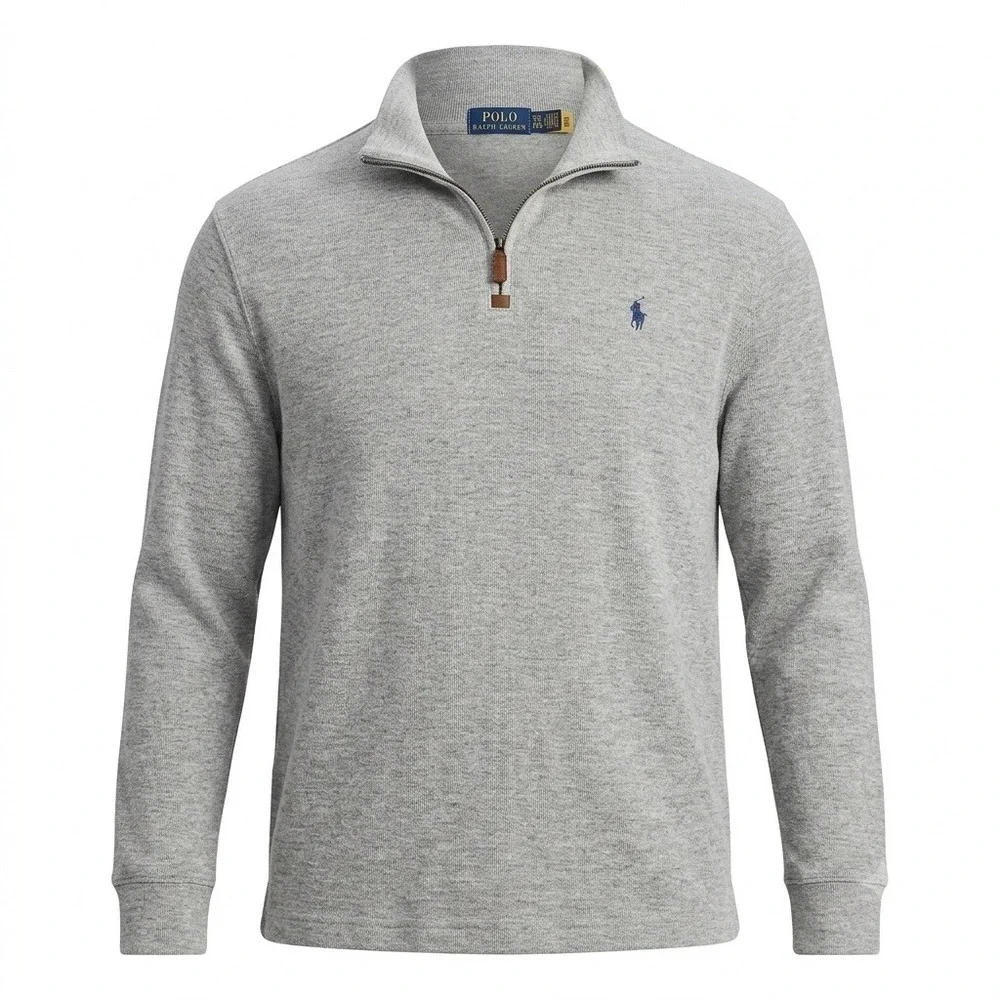 Polo Ralph Lauren Mens XXL Gray Cotton Quarter Zip Leather Pull Sweater New